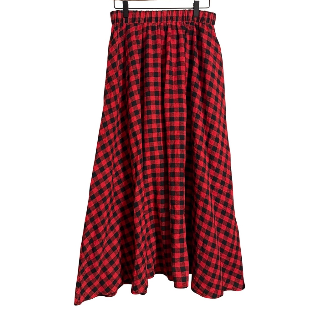 Red Black Buffalo Plaid Maxi Skirt Elastic Waist Pockets Size L